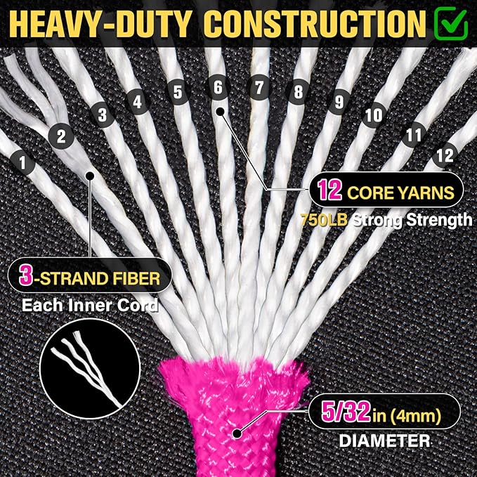 Paracord Rope 750 lb - 500ft 5/32" Parachute Cord 4MM 12-Strand para Cord - Heavy Duty Spool String for Survival,Camping Gear, Survival Bracelet, Clothesline - Rose Pink