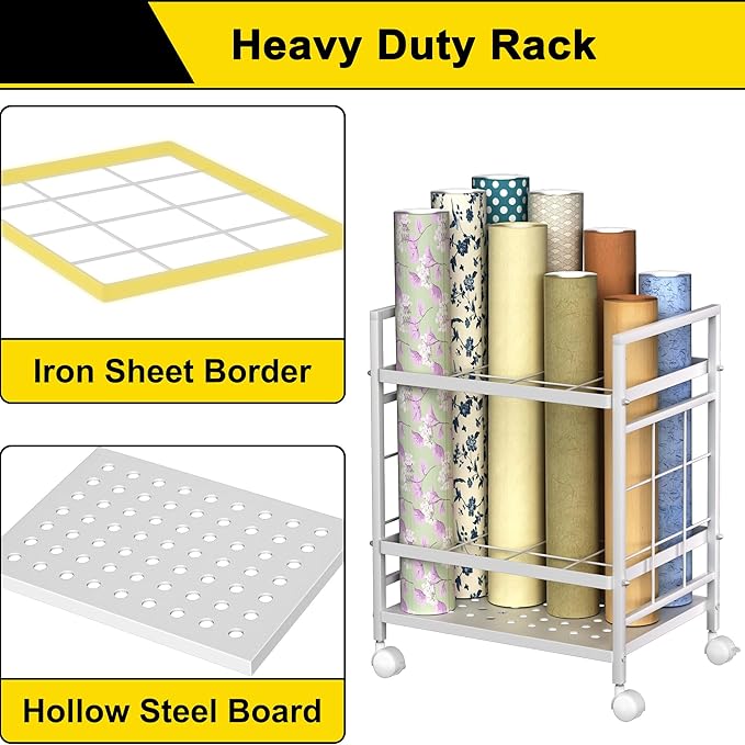 GIOTORENT Blueprint Storage Rack, Blueprint Holder with Wheels, Used for Storing Map/Poster/Blueprint/Architectural Construction Plan, 12 Slots, 2 Brakes, Silent Wheel for Home, Office, School(White)