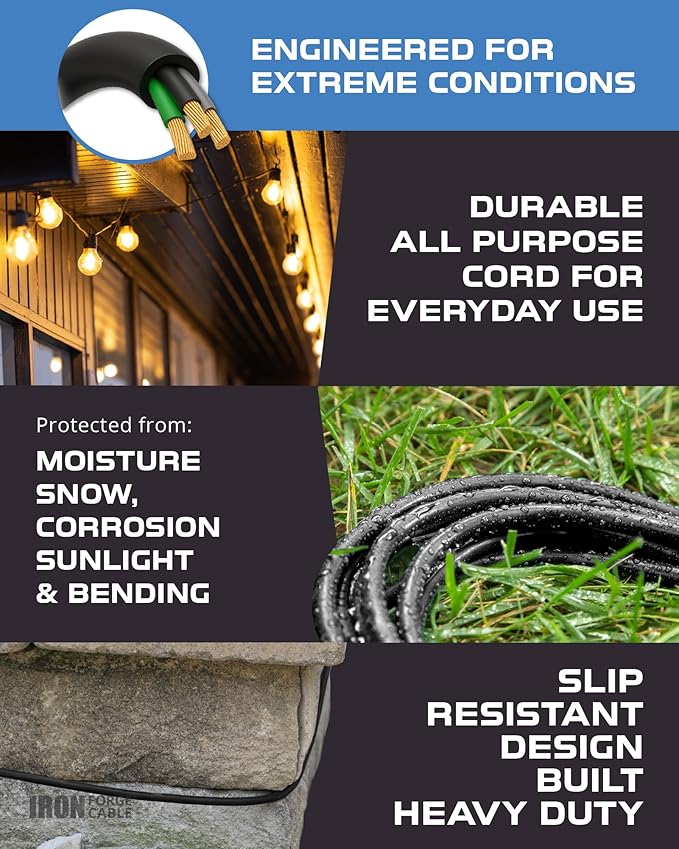 Iron Forge Cable 100 Ft Black Extension Cord with 3 Outlets - 16/3 SJTW 100 Foot Extension Cord 3 Prong, Weatherproof Exterior Power Cable for Outdoor