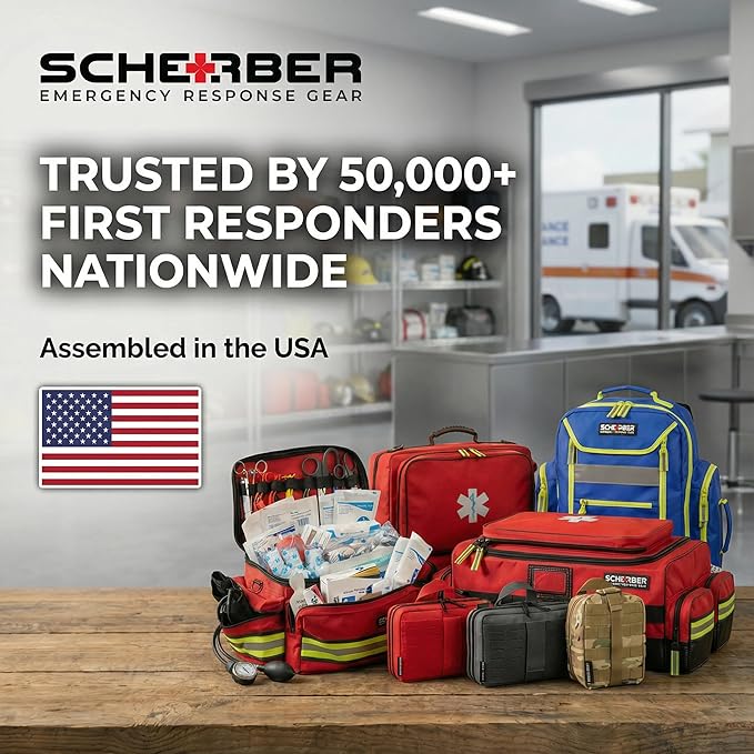 Scherber Fully-Stocked Premium First Responder Backpack | EMT/EMS Medic Trauma, Bleeding & Oxygen Medical Kit | CAT Tourniquet, QuikClot 4x4, HyFin Chest Seal & 250+ First Aid Supplies - Blue