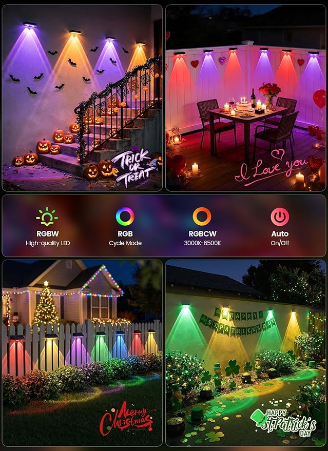 Brightown 4 Pack Solar Lights Outdoor Waterproof, Color Changing Solar Fence Deck Step Flood Lights, Warm White & RGBCW 11 Color, IP65 Waterproof Garden Lights for Outside Backyard Yard Step Patio