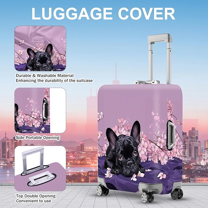 ANNA QUEEN French Bulldog Luggage Cover, Cute Black Dog with Pink Flowers Suitcase Protector, Stretchable Washable Travel Sleeve for 32-34 Inch Luggage