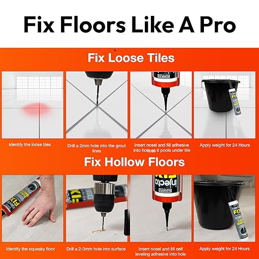 Floor-Fix Pro The Original Adhesive - Extra Strength - Fix Loose & Hollow Tiles, Repair Squeaky Wood Floor - All in One 5/64” Patented Stainless Steel Injection Tip + Anti Clog Cap (10.1 Fl Oz)