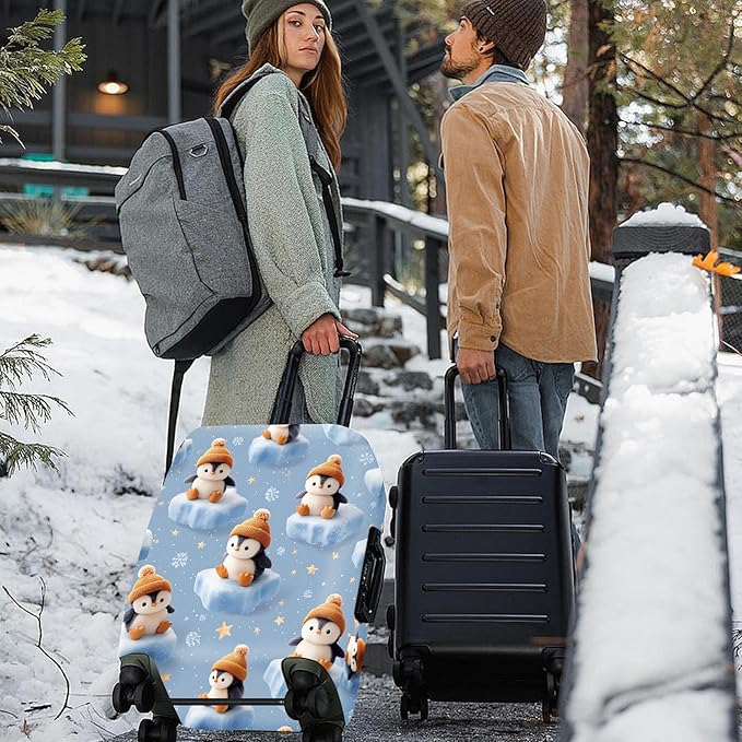 ANNA QUEEN Winter Penguin Luggage Cover, Cute Penguin on Ice Pattern Suitcase Protector, Washable Stretchable Travel Sleeve for 28-30 Inch Luggage