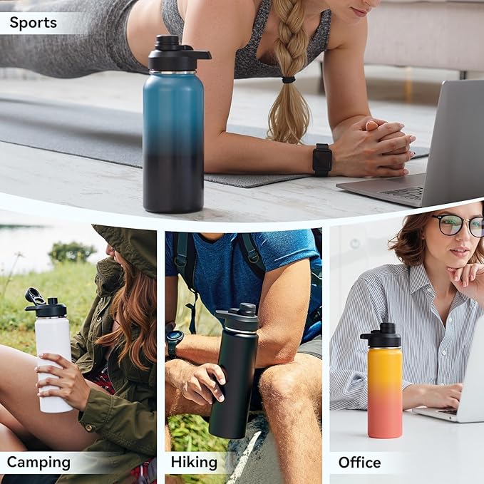 Fijinhom 32 oz Insulated Water Bottle with Handle, 304 Stainless Steel Water Bottles with Wide Mouth, Double Wall Vacuum Sports Water Bottle, BPA Free, Keep Cold and Hot, White