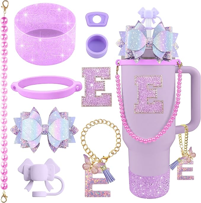 9PCS Purple for Stanley Cup Accessories Set Bling Initials Bow Charms for Stanley Decorations 30/40 Oz Tumbler Accessories Including Bow Straw Topper, Handle Strap, Spill Stopper（Letter E）