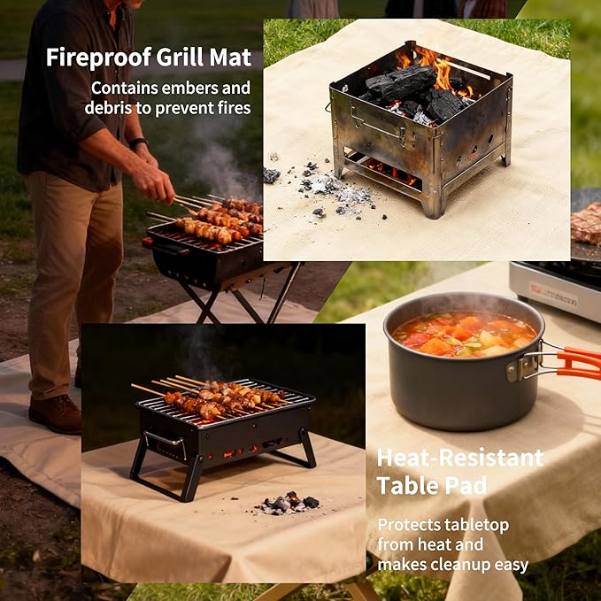 Fireproof Camping Blanket - Heat-Resistant Fiberglass Mat for Outdoor Cooking, BBQ & Emergency(Khaki 31.5" x 37.5")