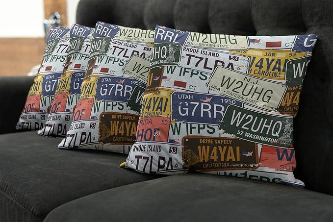 Ambesonne Vintage Decorative Throw Pillow Case Pack of 4, Original Retro Style License Plates Personalized Creative Travel Vacation, Cushion Cover for Couch Living Room Car, 18", Blue Green