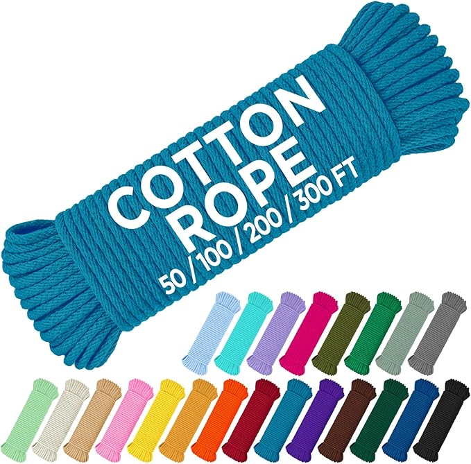 TECEUM Cotton Rope 3/16” (5 mm) – 50 FT – Strong All-Purpose Braided Rope – Natural Cotton – for Crafting, Сamping, Clothes Line, DIY, Indoor & Outdoor Use – Sky Blue