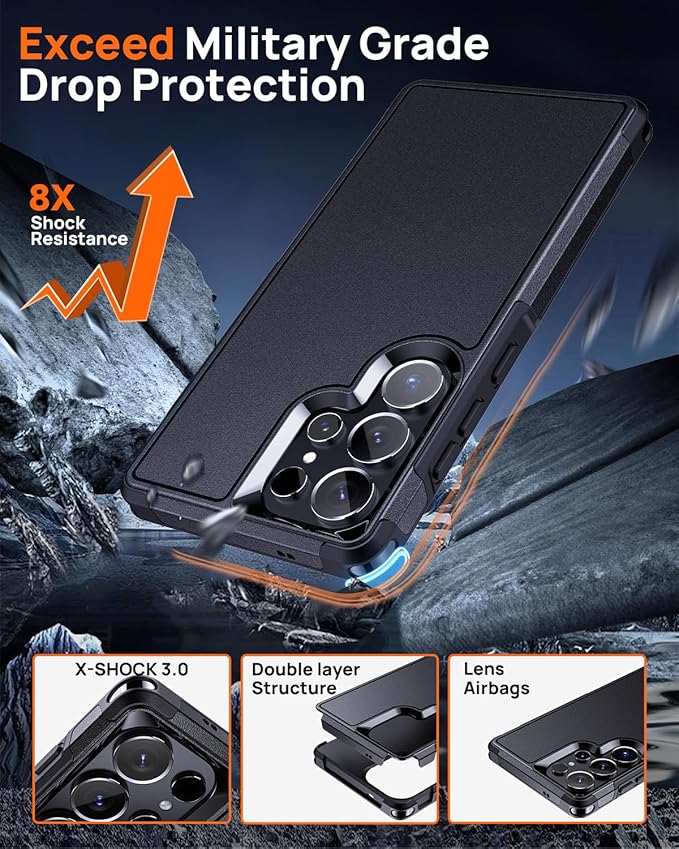 Lanhiem Magnetic for Samsung Galaxy S25 Ultra Phone Case with Tempered Glass Screen Protector, Shock Absorption, Anti-Scratch Shockproof Case Cover for Samsung S25 Ultra, Black