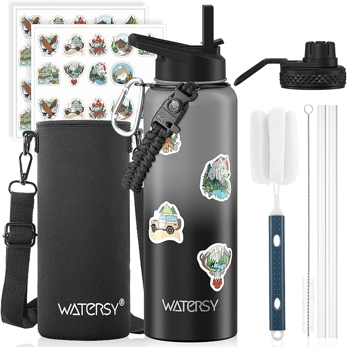 40oz Insulated Water Bottle (Cold for 48 Hrs),BPA Free&Leak Proof,Stainless Steel Water Flask,Water Jug with Straw Spout Lids for Gym,Hiking,Travel,Grey Black