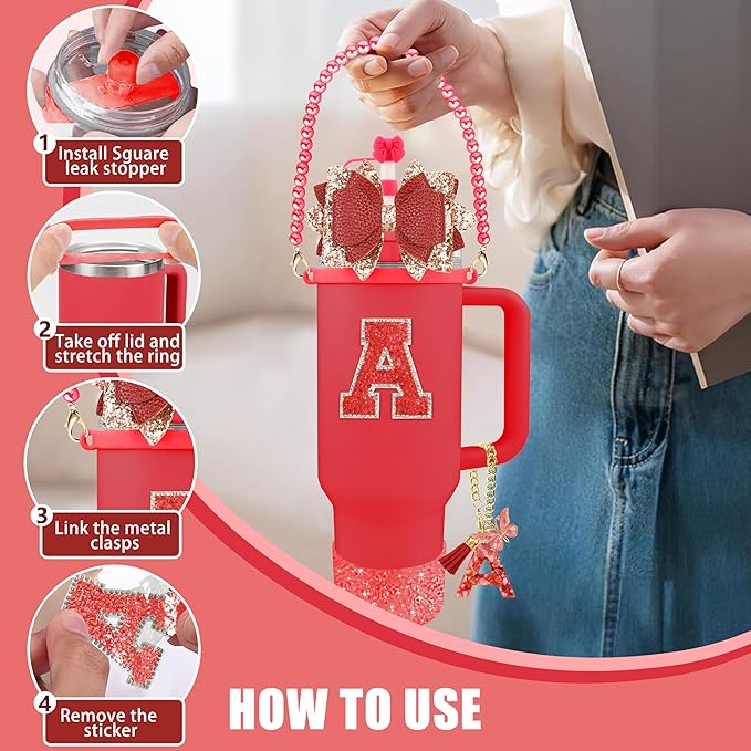 9PCS Red for Stanley Cup Accessories Set Bling Initials Bow Charms for Stanley Decorations 30/40 Oz Tumbler Accessories Including Bow Straw Topper, Handle Strap, Spill Stopper（Letter L）