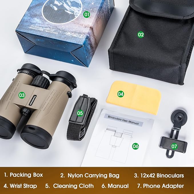 12x42 HD Binoculars for Adults High Powered Binoculars with Upgraded Phone Adapter Waterproof Compact Binocular with Low Light Night Vision for Bird Watching Hunting Outdoor Sports Concerts Camo