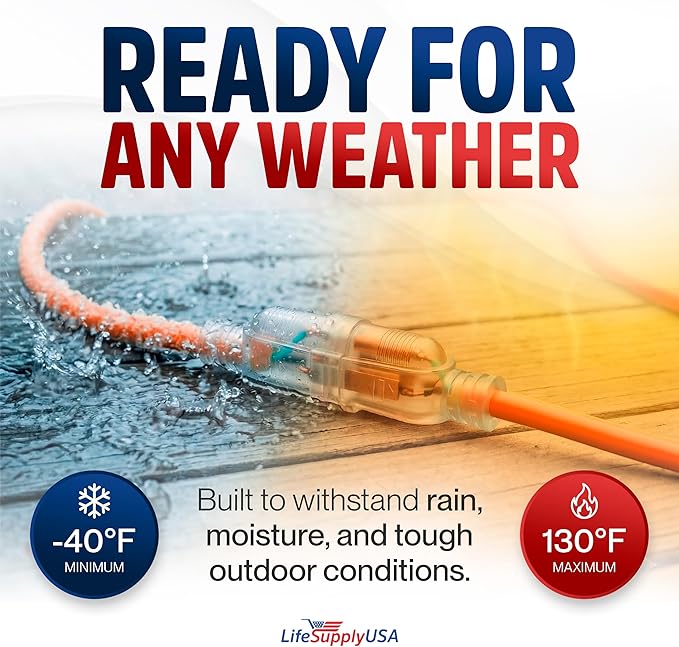 75ft Outdoor/Indoor Extension Cord 14/3 Gauge Heavy Duty 3 Prong SJTW, Waterproof, Flexible Cold-Resistant Long Power Cord,13A 125V 1625W, Orange by LifeSupplyUSA