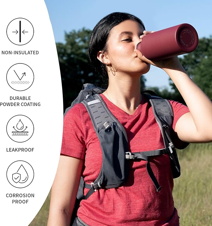 Bambaw 16 oz Water Bottle Non-insulated, Metal Water Bottle Red, Single Walled Stainless Steel Water Bottle, Leak Proof Water Bottle for School, BPA Free Water Bottle no Straw – Red Berry