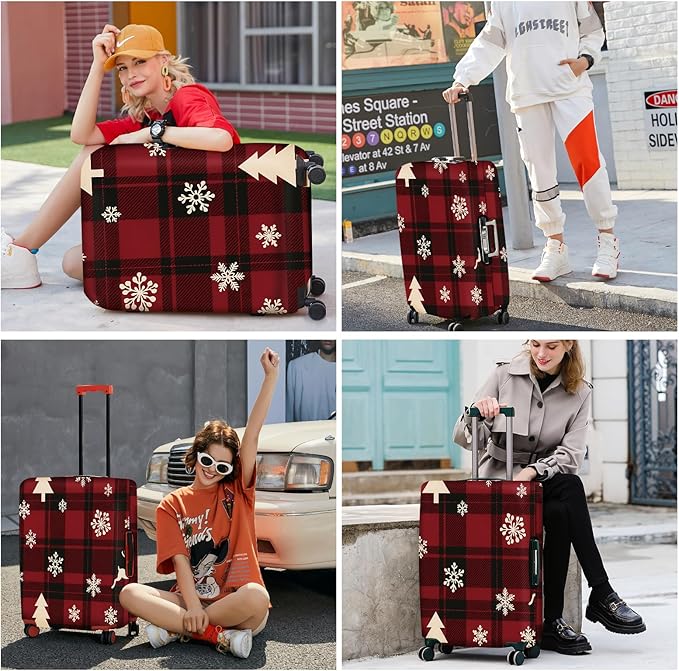 ANNA QUEEN Christmas Plaid Luggage Cover, Red and Black Check Suitcase Protector with Snowflake and Tree Pattern, Stretchable Washable Travel Sleeve for 20-22 Inch Luggage