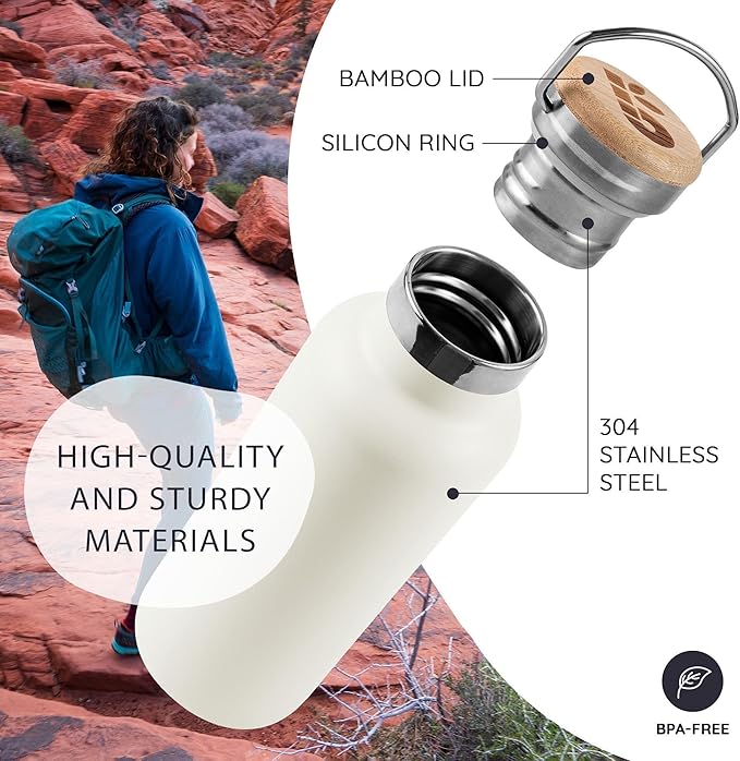 Bambaw 12 oz Water Bottle Stainless Steel with Handle, Small Metal Water Bottle Insulated, For Hot & Cold Drinks, Easy to Clean, Great for Travel, Fits in Cup Holder (Polar White)