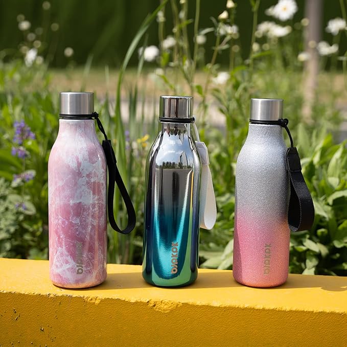 BJPKPK Insulated Water Bottles, 18 oz Stainless Steel Metal Water Bottle with Strap, BPA Free Leak Proof Jugs,Mugs,Flasks, Reusable Thermal Flasks for Sports & Travel, Sparkling Silver Blue