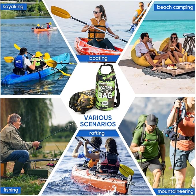 Waterproof Dry Bag 5L/10L/15L/20L/30L Roll Top Dry Storage Backpack with Phone Case, Collapsible Water Bottle, Sunglasses, Ear Band for Kayaking Boating Swimming Fishing Camping, Blue 10L