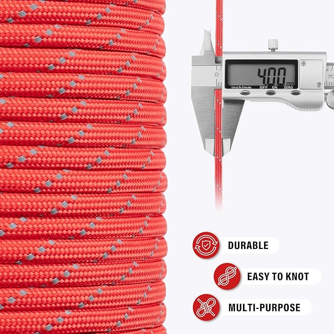 Reflective Paracord Rope 750 lb - 1000ft 5/32" Parachute Cord 4MM 12-Strand para Cord - Heavy Duty Spool String for Survival,Camping Gear, Survival Bracelet, Clothesline - Red
