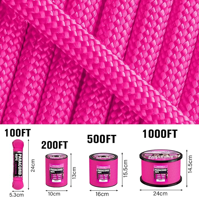 Paracord Rope 750 - Parachute para Cord 4mm 11 Strand Spool Rope Utility Nylon String for Outdoor Camping Survival Utility Tent Crafting DIY Projects - Neonpink 200ft