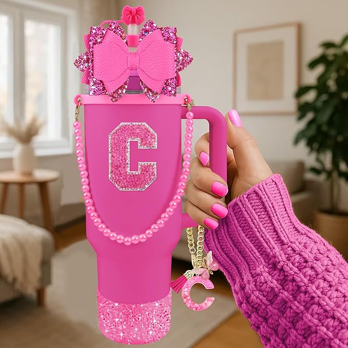 9PCS Hot Pink for Stanley Cup Accessories Set Bling Initials Bow Charms for Stanley Decorations 30/40 Oz Tumbler Accessories Including Bow Straw Topper, Handle Strap, Spill Stopper（Letter C）