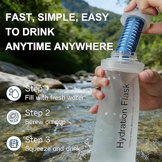 AXEN Collapsible Water Bottle with Filter System, Soft Hydration Flask for Trail Running, Camping, Hiking, Cycling, 1L Clear