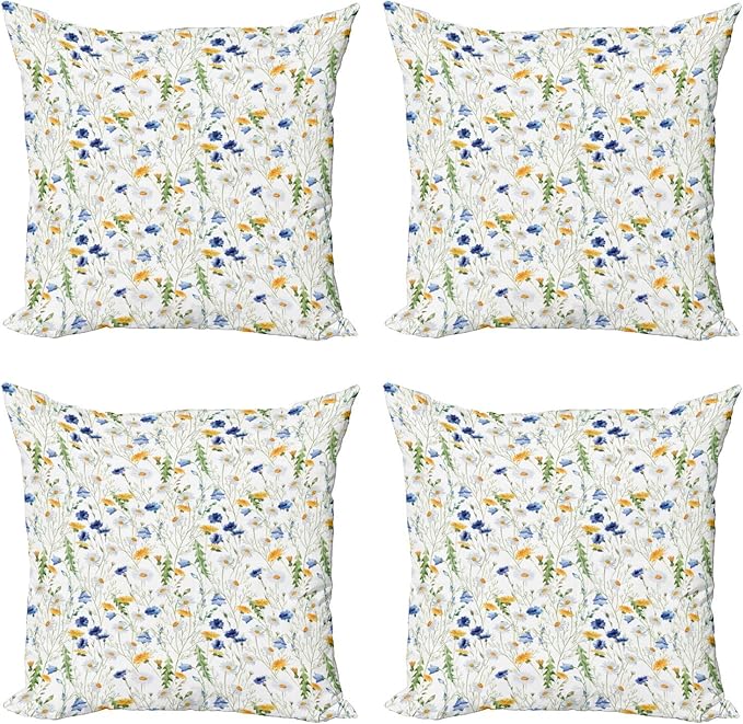 Ambesonne Flower Decorative Throw Pillow Case Pack of 4, Wild Flowers Poppies and Daisies Rural Nature Scenery in Meadows Rustic, Cushion Cover for Couch Living Room Car, 24", Yellow White