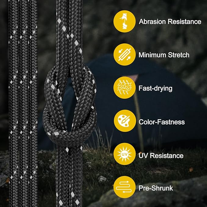 Reflective Paracord Rope 850Ib, 50/100/200/500/1000ft 4MM 11 Strand para Cords Lanyard Utility Parachute Cord for Tent Camping Hiking Fishing Survival Clothesline DIY Projects, Black 50FT