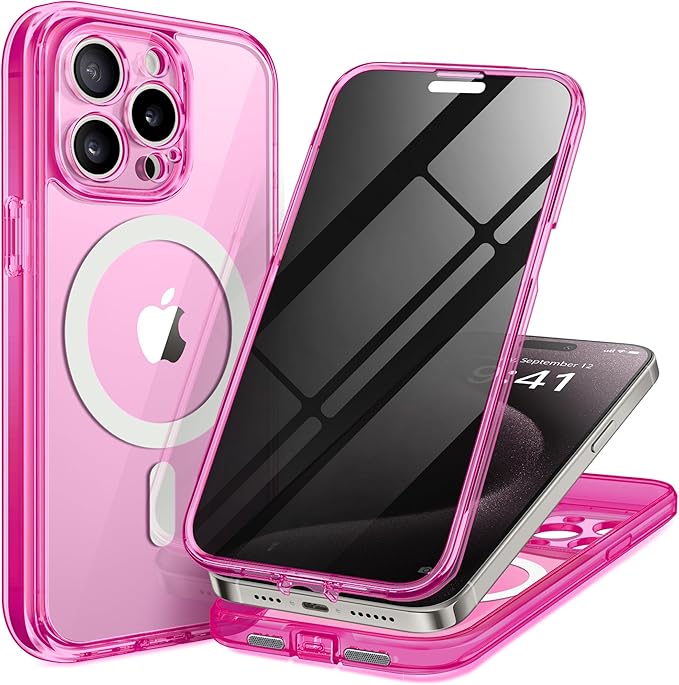 TIESZEN for iPhone 15 Pro Max Case, Compatible with MagSafe,Built-in Privacy Screen Protector and Camera Protection, Anti Spy Full Body Dustproof Shockproof Hard Phone Case 6.7",Bright Pink