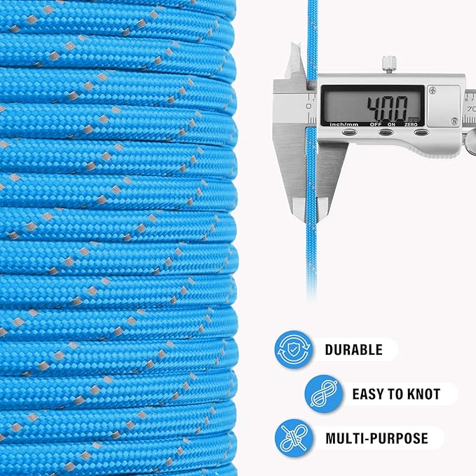 Reflective Paracord Rope 750 lb - 200ft 5/32" Parachute Cord 4MM 12-Strand para Cord - Heavy Duty Spool String for Survival,Camping Gear, Survival Bracelet, Clothesline - Blue