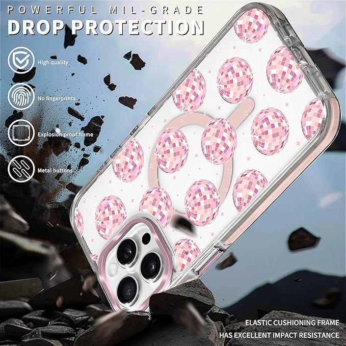 Case for iPhone 14 Pro Max,[Compatible with MagSafe],Disco Balls Pink Phone Case Design，for Women Girls Magnetic Clear Cover - Slim, Sleek, & Shockproof Protection