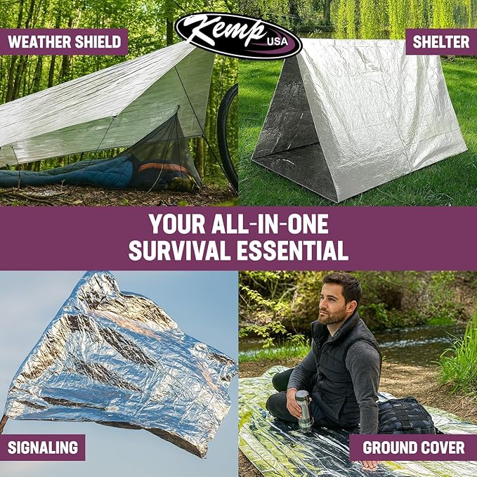 Kemp USA Emergency Mylar Blanket Lightweight Thermal Reflective Survival Blanket First Aid Disaster Preparedness Camping Vehicle Bug Out Bag Emergency Supply Gear (100)