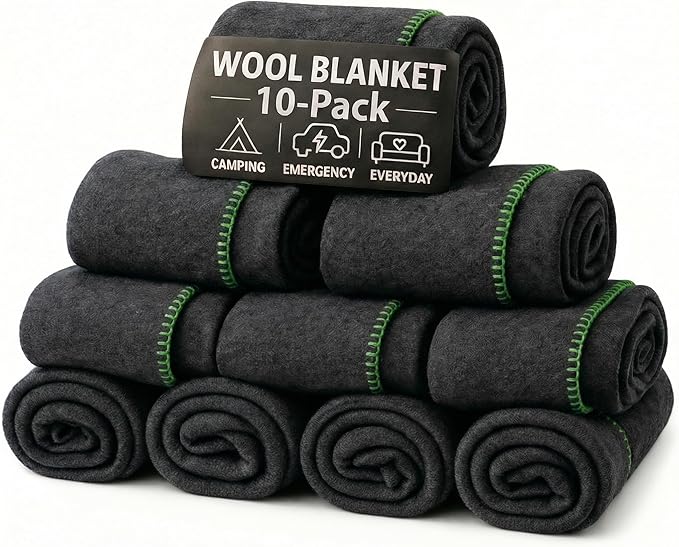 Wool Camping Blanket 10-Pack - 70% Wool Heavy-Duty Military Style Throw, Warm & Washable, Fire Retardant Cover for Emergency, Survival & Outdoor Use – For Camping, Car, Home & Hiking, Grey 66x90
