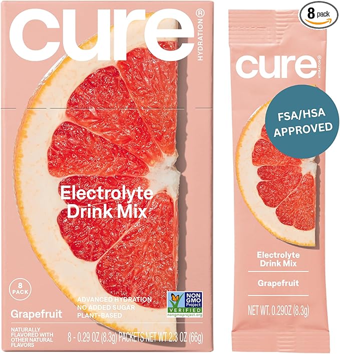 Cure Hydration Plant-Based Electrolyte Drink Mix | No Added Sugar | Dehydration Relief | Coconut Water Powder | FSA-HSA Eligible | Non-GMO, Vegan | 8 Packets – Grapefruit