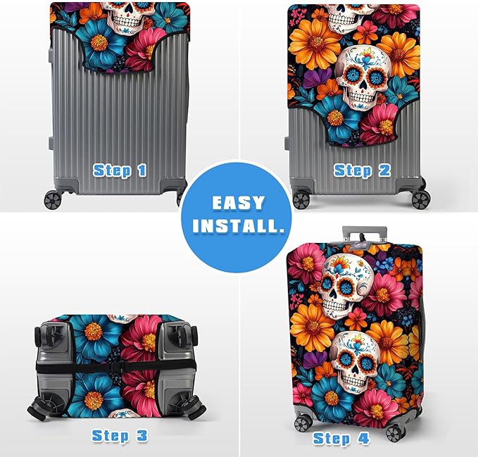 Luggage Cover Protector for 22-24 Inch Suitcases, TSA Approved Elastic Travel Suitcase Covers, Anti-Scratch Washable Luggage Sleeve for Carry On & Checked Bags, Sugar Skulls