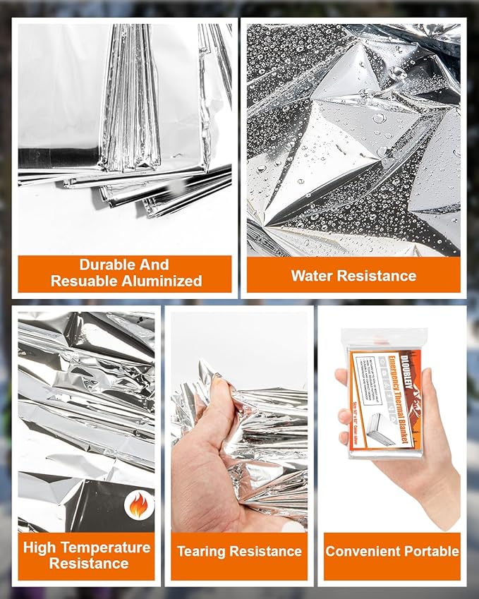5-Pack Emergency Thermal Blankets, Heavy Duty Mylar Space Blanket with Ultimate Body Heat Retention for Camping Survival Kit, Car Emergency and Hiking, Waterproof & Windproof