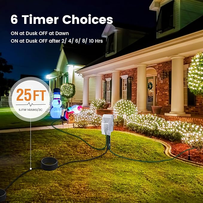 SURAIELEC Outdoor Power Stake, Dusk to Dawn Light Timer, 25FT Extension Cord Multiple Outlet, 6 Electrical Outlets Power Strip Weatherproof for Patio Light, Garden, Christmas Decoration, Outdoor Light