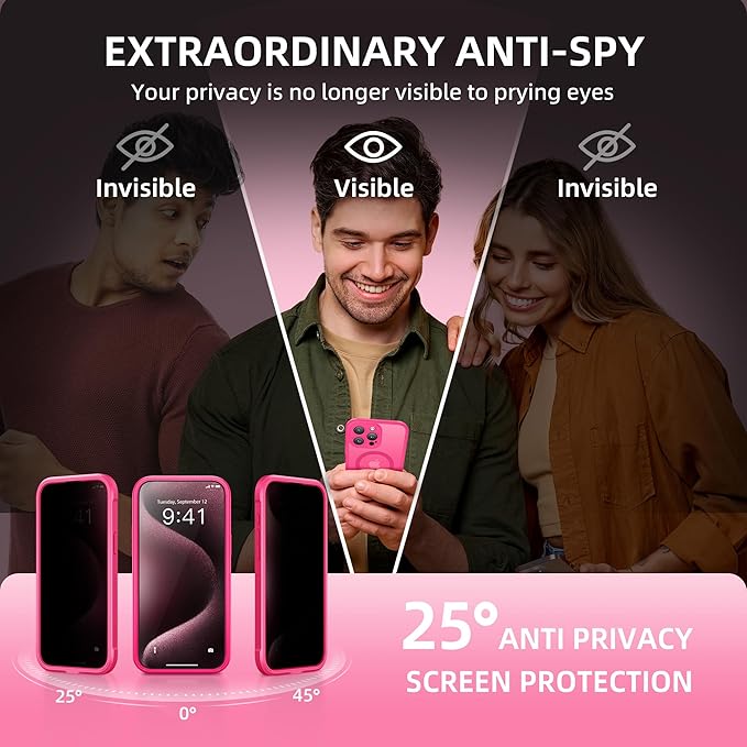 TIESZEN for iPhone 15 Pro Max Case, Compatible with MagSafe, Built-in Privacy Screen Protector and Camera Protection, Anti Spy Full Body Dustproof Shockproof Hard Phone Case 6.7", Hot Pink