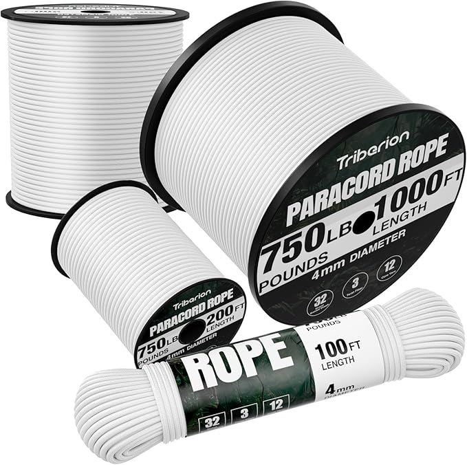 Paracord Rope 750 lb - 100ft 5/32" Parachute Cord 4MM 12-Strand para Cord - Heavy Duty Spool String for Survival,Camping Gear, Survival Bracelet, Clothesline - White