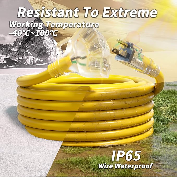 PlugSaf 25 FT 12/3 Gauge Outdoor Extension Cord with Multiple Outlets Light Indicator, Flexible 3 Outlet Weatherproof Heavy Duty Extension Cord Waterproof Yellow, 15A 1875W 12AWG SJTW, ETL Listed