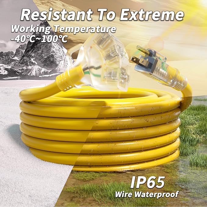 PlugSaf 15 FT 10 Gauge Outdoor Extension Cord with Multiple Outlets Light Indicator, Flexible 3 Outlet Weatherproof Heavy Duty Extension Cord Waterproof Yellow, 15A 1875W 10AWG SJTW, ETL Listed