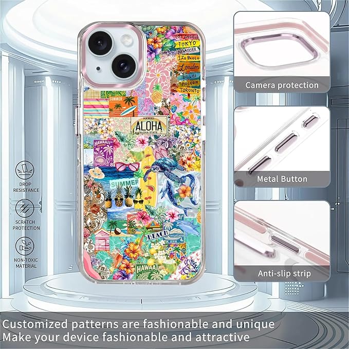 Case for iPhone 14 Plus/15 Plus,[Compatible with MagSafe],Hawaii Aloha Cover Coastal Beach Collage Phone Case Design，for Women Girls Magnetic Clear Cover - Slim, Sleek, & Shockproof Protection