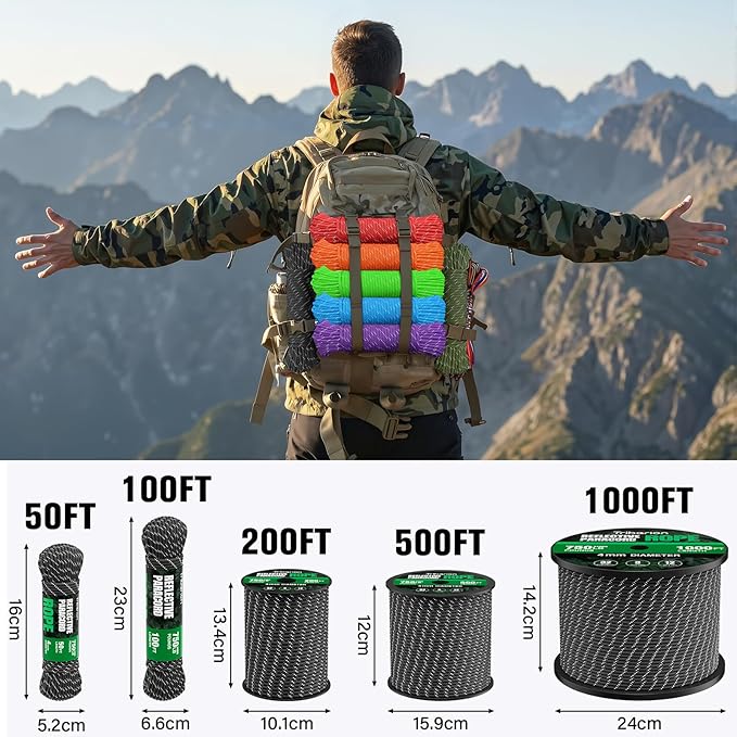 Reflective Paracord Rope 750 lb - 200ft 5/32" Parachute Cord 4MM 12-Strand para Cord - Heavy Duty Spool String for Survival,Camping Gear, Survival Bracelet, Clothesline - Black