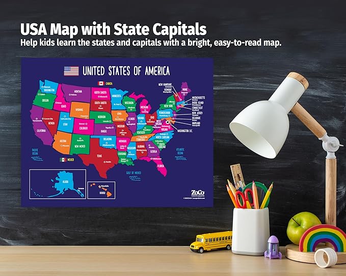ZOCO – United States Map with Capitals Poster (2-Pack) – Laminated 17x22 – Educational USA Wall Chart for Kids – North America Geography, Social Studies Classroom Decor
