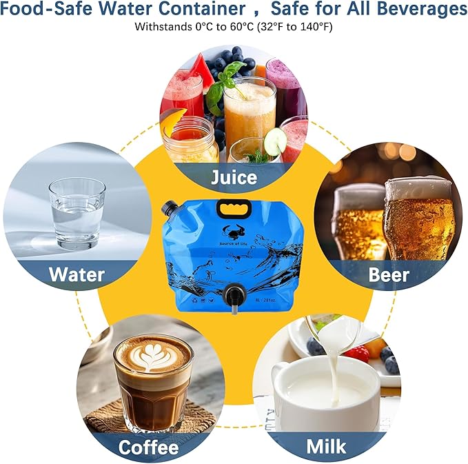 Water Jug Camping 2.1 Gallon Collapsible with Spigot, BPA Free Portable Water Pouch Foldable Water Bags for Outdoor Hiking, Travel and Emergency & Water Storage Containers (Orange_Blue-2Pcs)