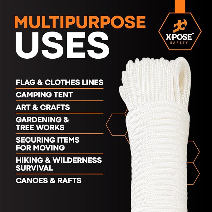 Line Nylon Cord - 100 Ft White Reflective Guyline - Camping Rope, Guy Lines, Tie Down Rope - Tent Accessories & Cordage (Pack of 6)