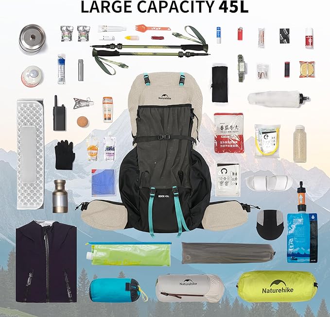 Naturehike 45L Rock 2.0 Upgraded Internal Frame Hiking Backpack for Outdoor Camping Travel Backpacking, Ultralight Backpack for Adults(White/L/45L)