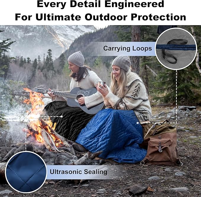 Waterproof Outdoor Blanket 62”X 51” Packable, Stadium Blankets for Camping with Sherpa Fleece Lining, Large Windproof Emergency Throw for Garss Picnic Hiking Road Trip, Machine Washable, Black 300GSM