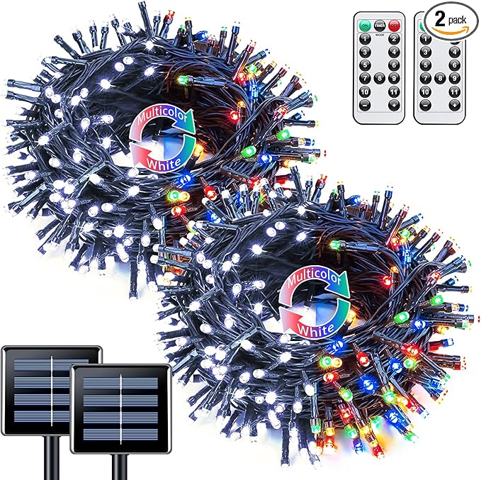 JMEXSUSS 2 Pack Solar String Lights Outdoor Waterproof, Total 66 FT 200 LED Solar Christmas Lights Outdoor, Twinkle Light for Christmas Tree Outside Garden Yard Xmas Decor, White to Multicolor
